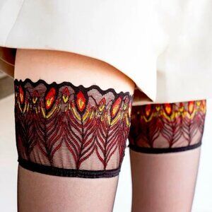 Vintage Peacock Feather Thigh High Stockings